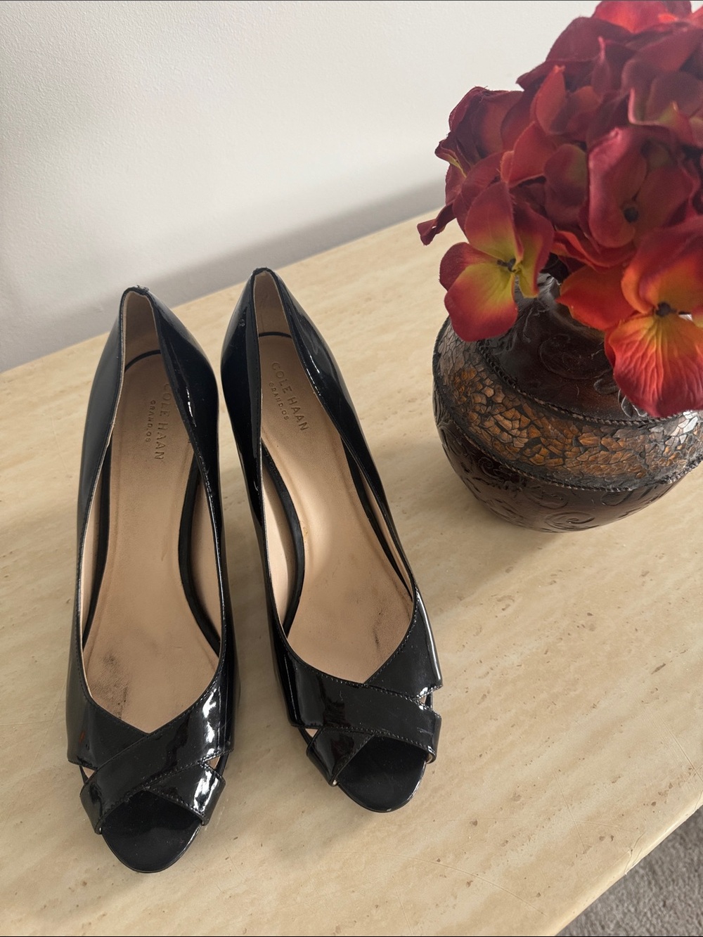 Cole Haan Black Patent Open-Toe Pumps